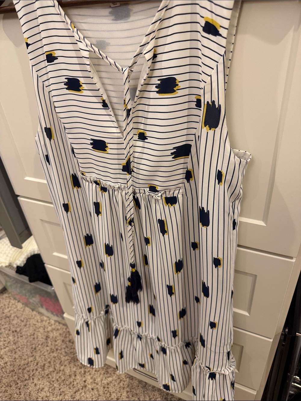THML White Sleeveless V-Neck Mini Dress with Navy & Gold